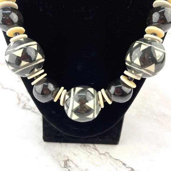 Hand Made Necklace Ceramic Beaded Chunky Statement Boho Black and White Jewelry - Picture 3 of 10